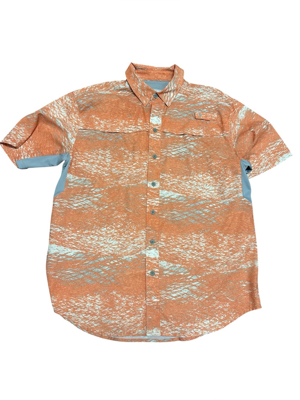 Reel Legends Men’s Size L Orange Blue Wave Print Short Sleeve Button-Down Shirt